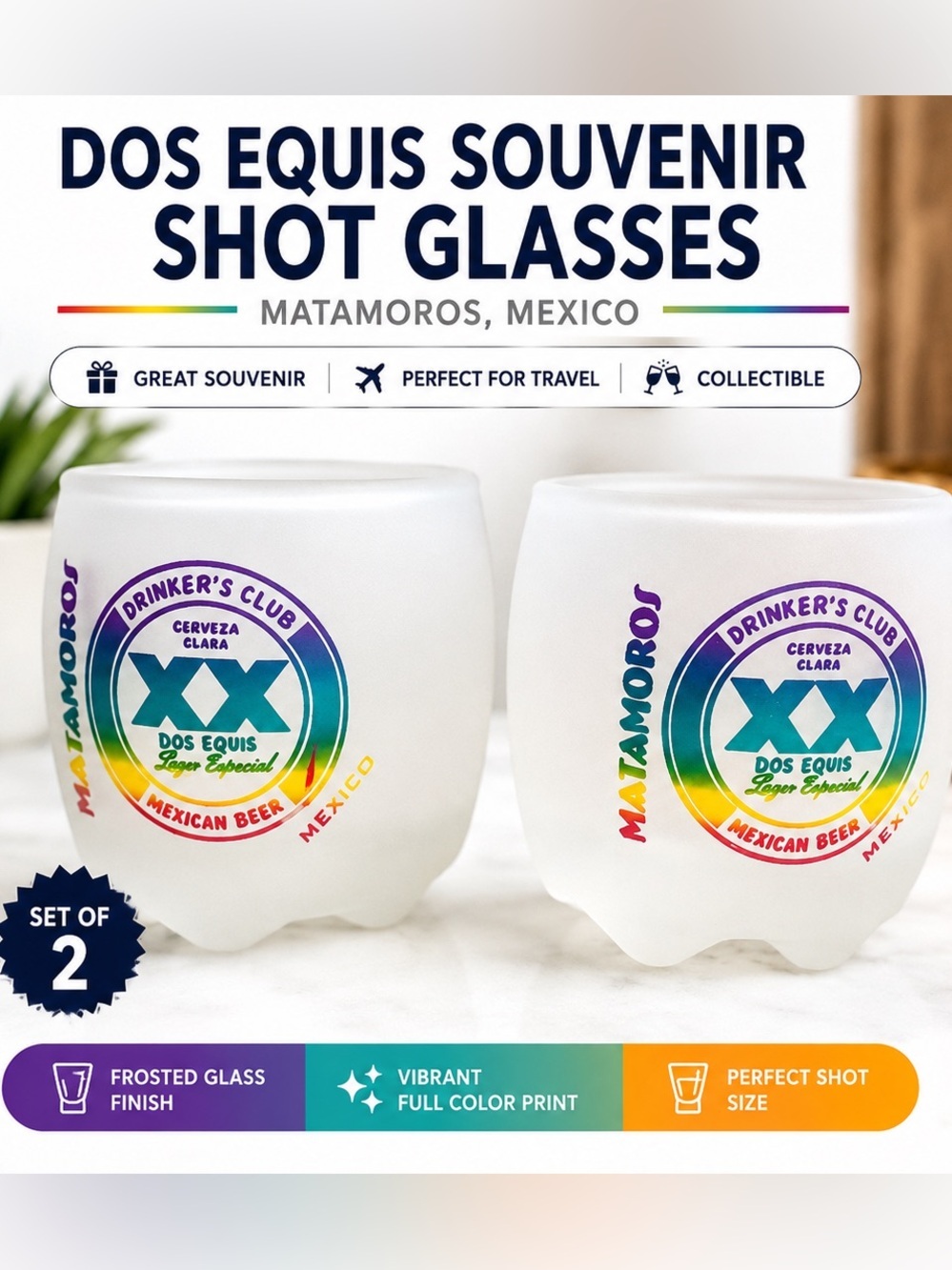 Dos equis Frosted White Shot Glasses Set of 2 - Souvenir